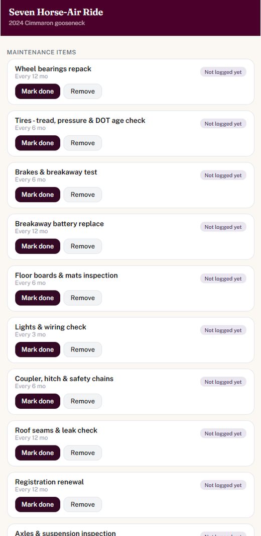 Trailer maintenance screen